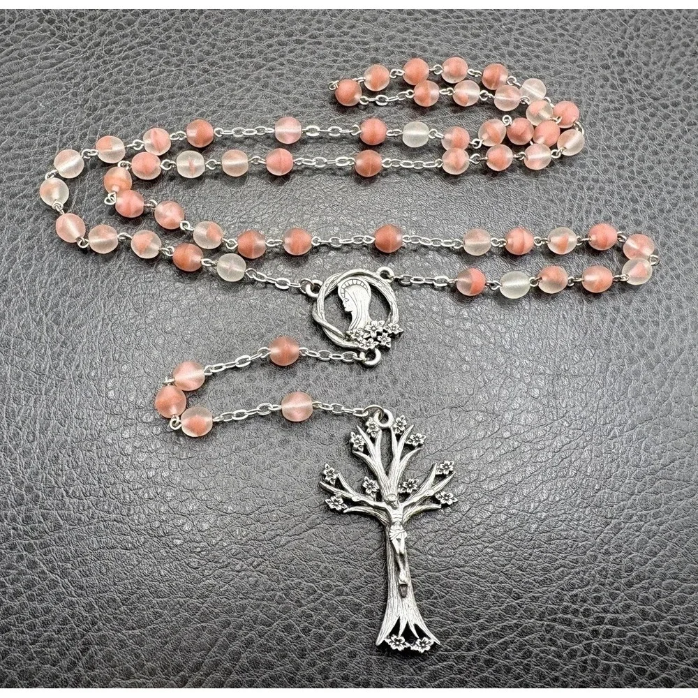 Dogwood Tree Pink Glass Rosary Bead Necklace Cross Pendant Silver Tone Boho